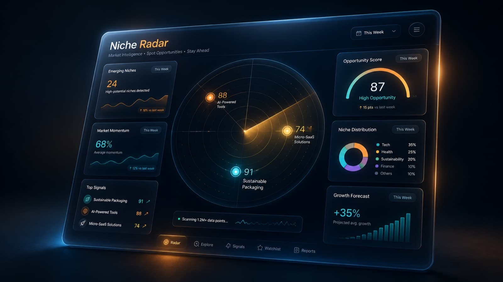 The Niche Radar dashboard — three scored sub-niches surfaced from live market signals each week