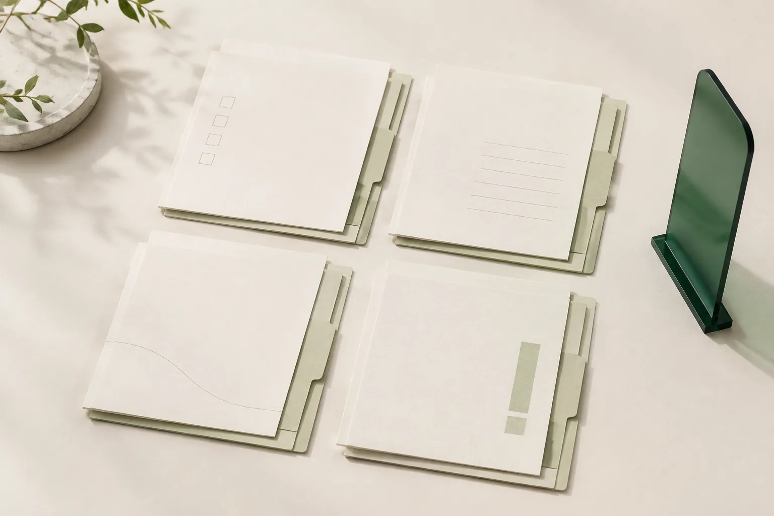 Editorial illustration of an agency proposal, campaign brief, report, and content plan arranged as one coordinated set