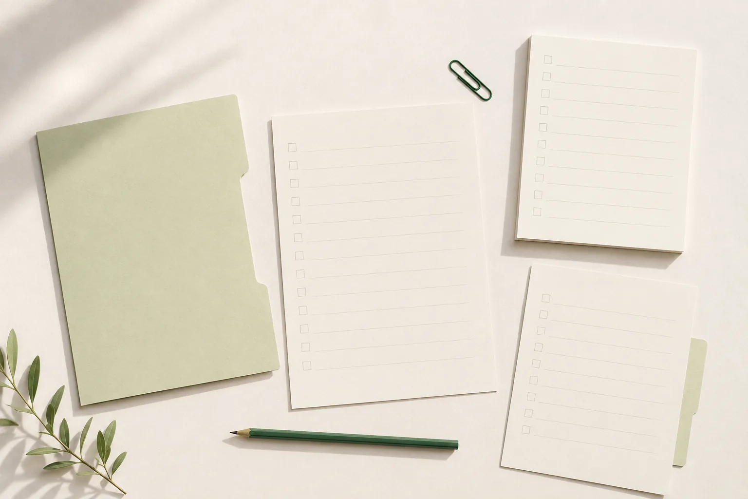 An illustrated planning desk with a blank client brief, checklist sheets, and green stationery.